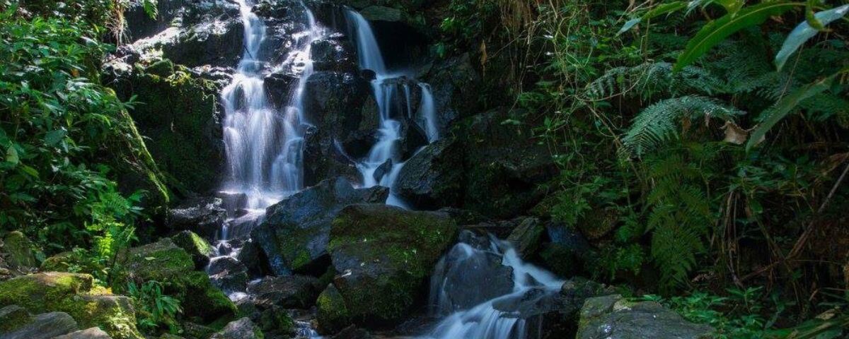 Diversas pedras ao redor de uma cachoeira. 