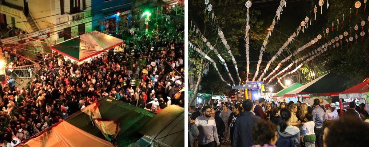 Rua cheia com pessoas aproveitando a Festa da Achiropita. 