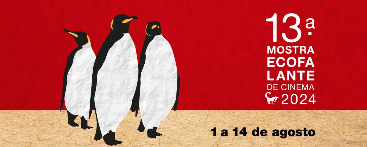 Banner da 13ª edição da Mostra Ecofalante de Cinema, com o desenho de três pinguins. 