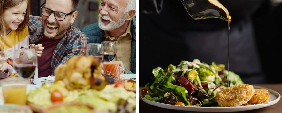 Família almoçando e um prato de salada com molho sendo servido. 