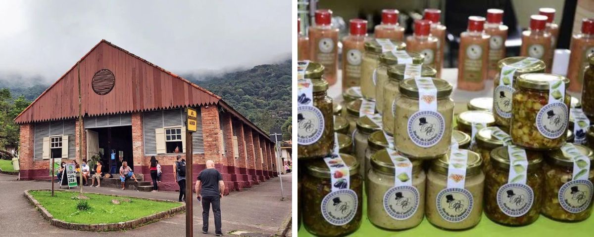 Mercado Popular, em uma casarão antigo avermelhado, e produtos vendidos no mesmo, como geleias e compotas.