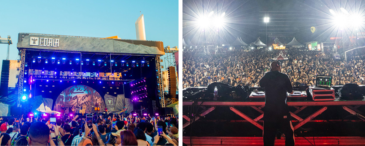 Palco do COALA Festival, com uma multidão na plateia. 