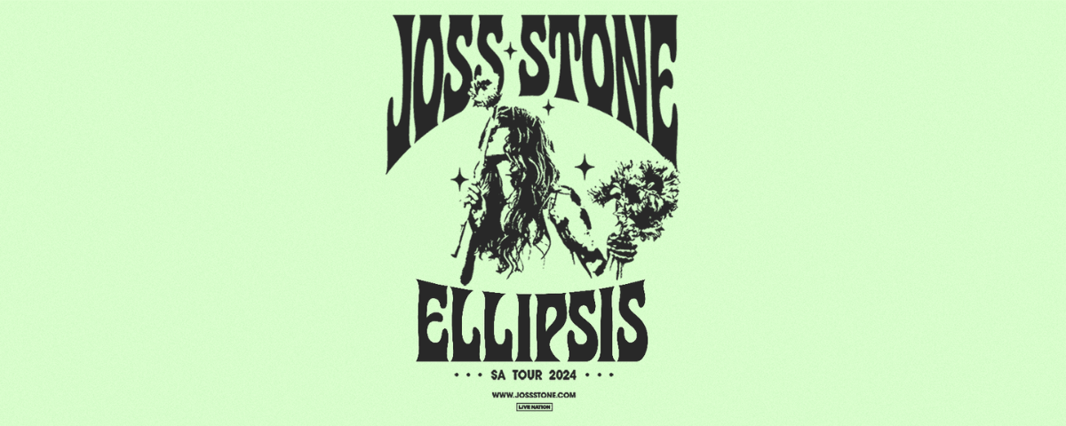 Banner do show que a cantora Joss Stone fará no Brasil, na cor verde claro. 