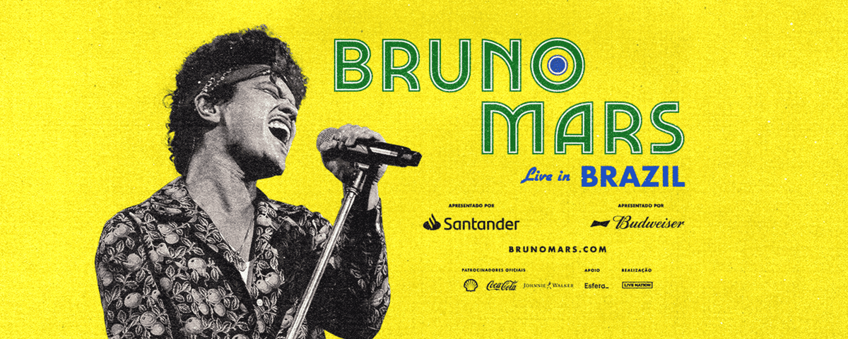 Banner do show do cantor Bruno Mars, um dos eventos musicais em SP. 