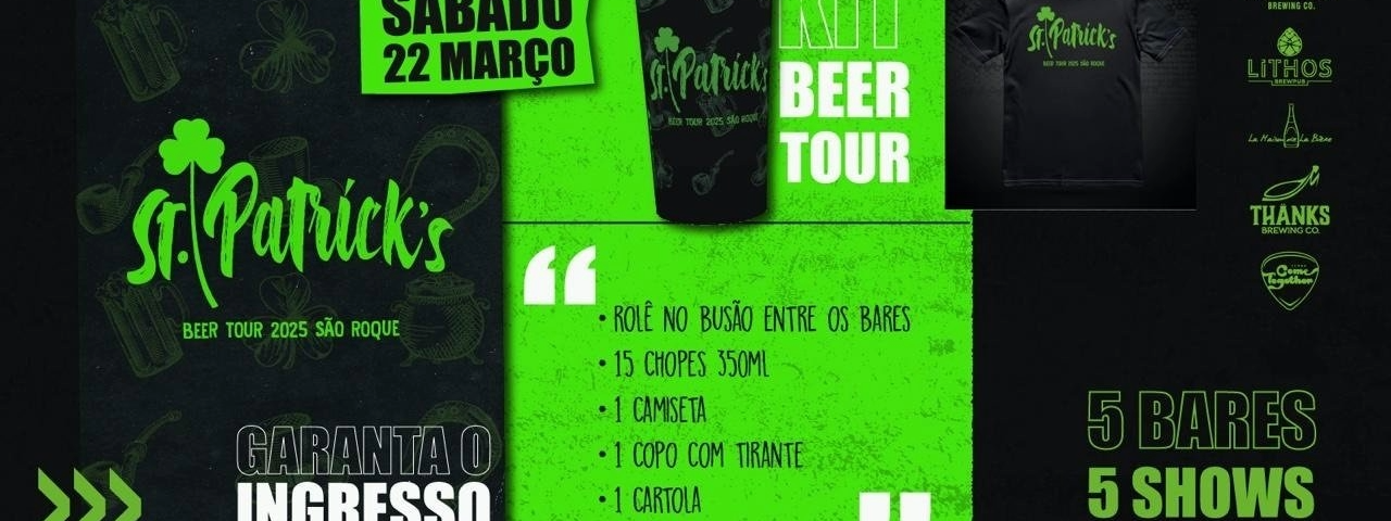 Banner de divulgação do evento St. Patrick’s Beer Tour 2025.