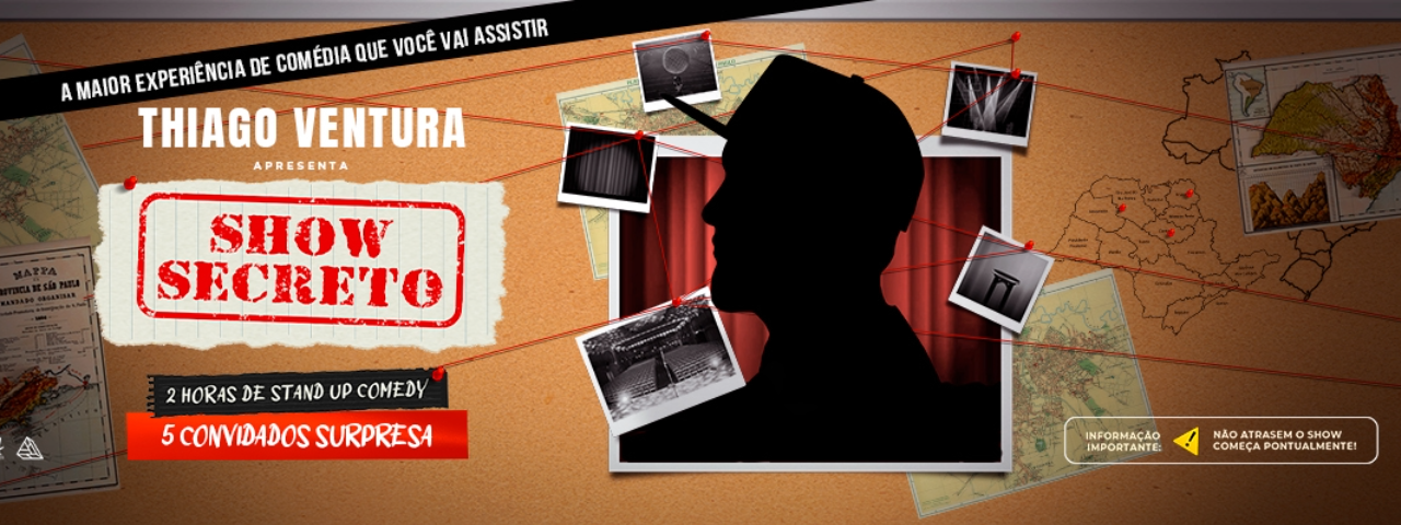 Banner de divulgação do show de stand-up comedy de Thiago Ventura, evento de humor em cartaz em São Paulo em junho