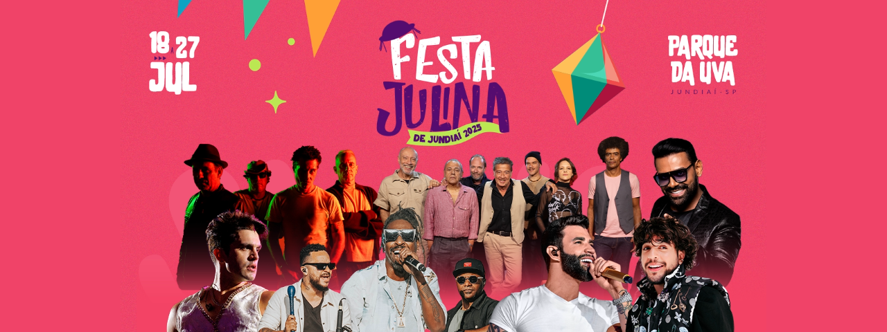 Banner de divulgação da Festa Julina de Jundiaí, destacando comidas típicas, quadrilhas e atrações culturais em julho