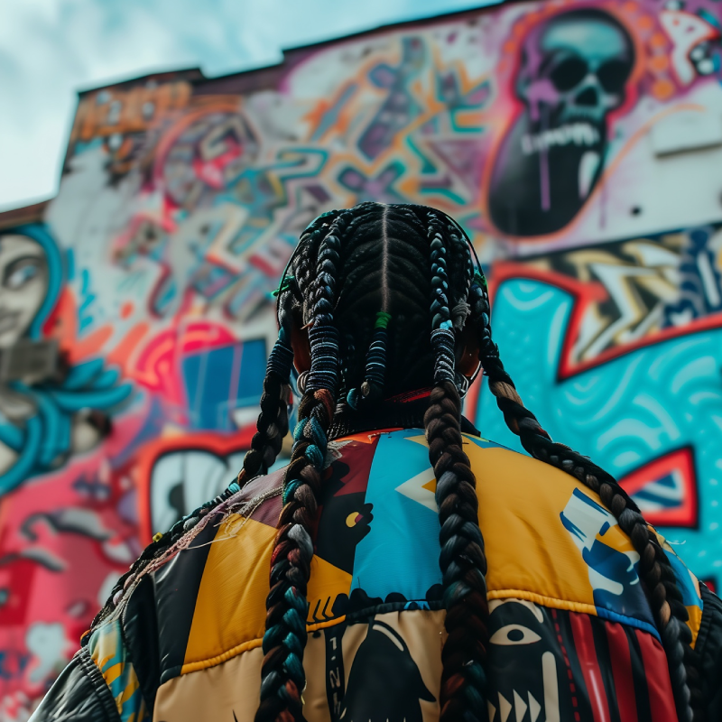 Artista da periferia de costas observando uma arte em mural, representando a conexão entre o hip hop e a arte urbana