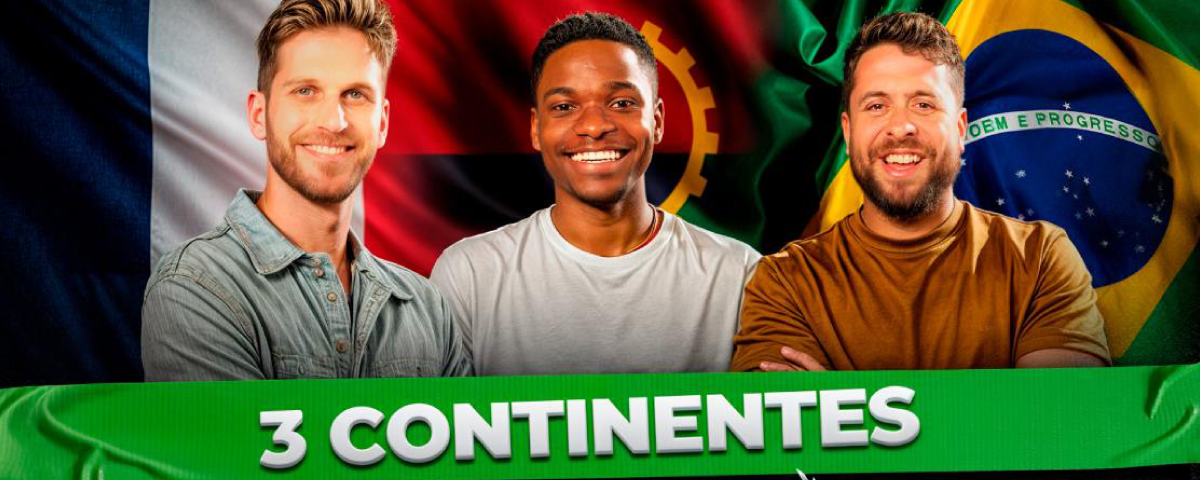 Banner de divulgação com o trio de humoristas de 3 continentes, que trazem um espetáculo de comédia para o mês de agosto