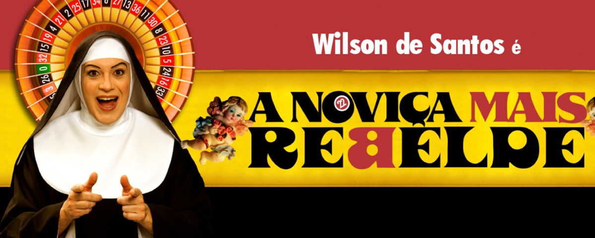 Banner de divulgação com o ator que estrela o musical A Noviça Rebelde, atração de destaque em agosto