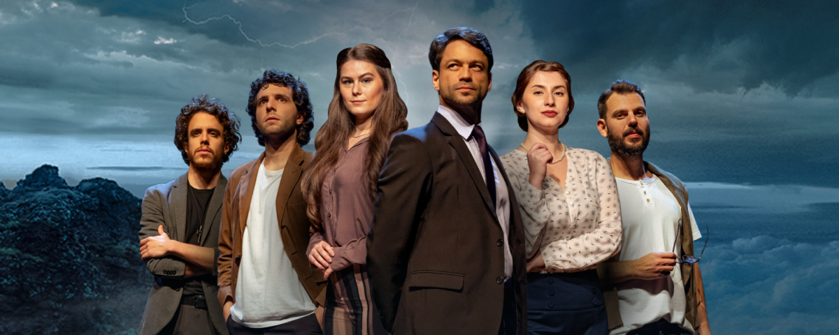 Banner de divulgação com os atores da peça O Homem mais inteligente da história, um grande sucesso teatral em agosto