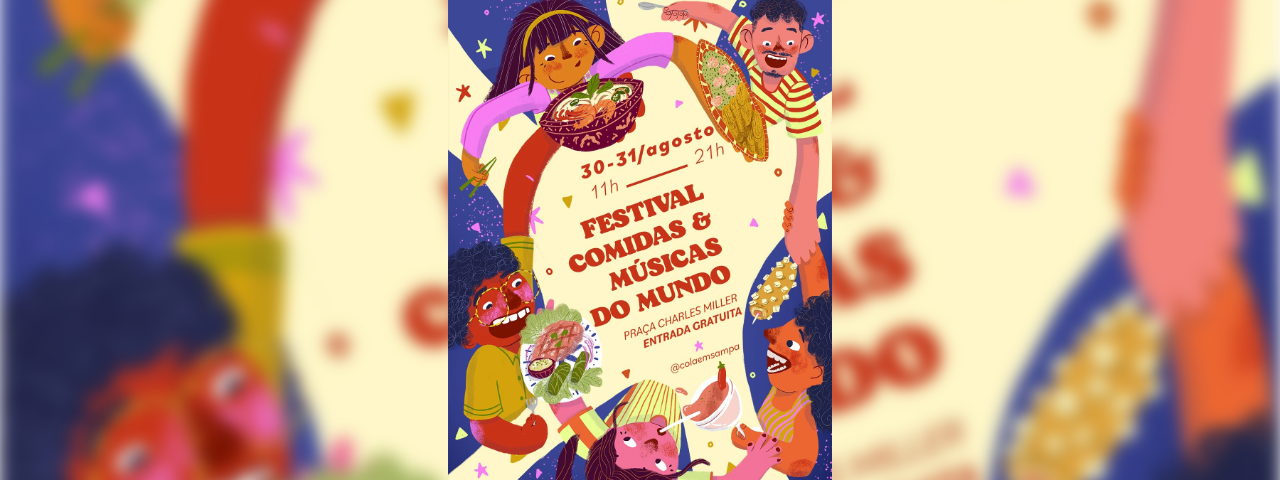 Banner de divulgação da 3ª edição do Festival Comidas e Músicas do Mundo, reunindo gastronomia e cultura musical internacional