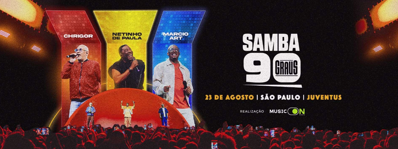 Banner de divulgação do show dos cantores Chrigor, Netinho de Paula e Márcio Art, promete uma noite cheia de nostalgia e hits