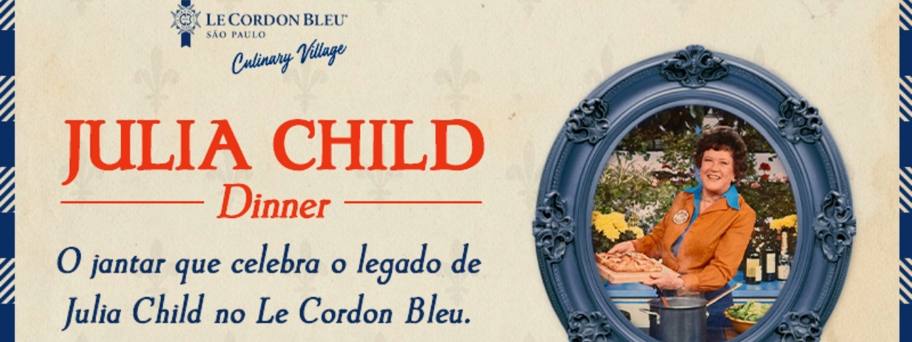 Banner de divulgação do evento gastronômico Julia Child Dinner, uma homenagem à célebre chef com pratos refinados