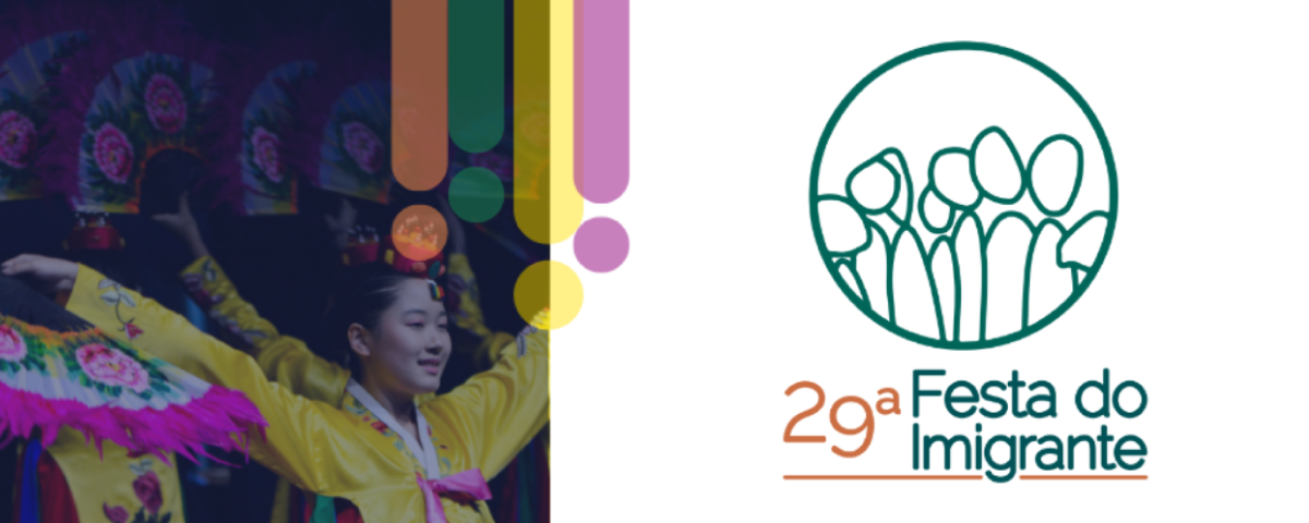 Banner da 29ª Festa do Imigrante, que celebra a diversidade cultural com danças e gastronomia de diferentes países