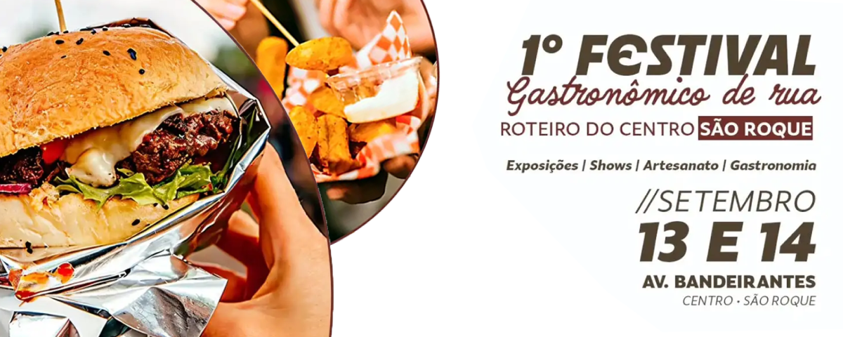 Banner de divulgação do 1° Festival Gastronômico de rua em São Roque, destacando sabores e cultura local