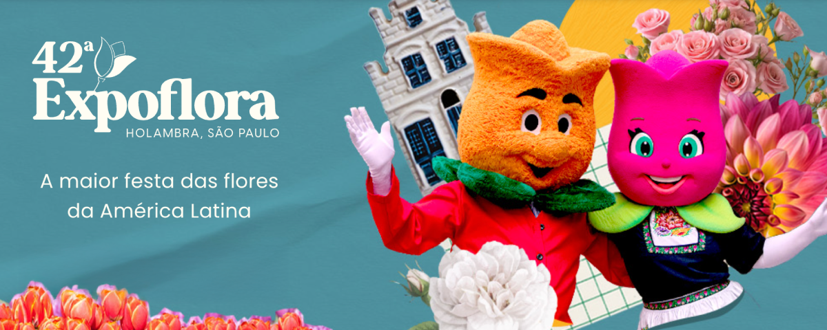 Banner de divulgação da 42ª Expoflora de Holambra, que celebra as flores e tradições holandesas