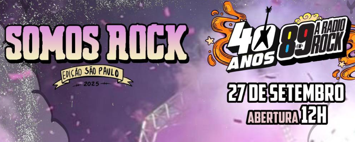 Banner de divulgação do evento **Somos Rock**, festival que reúne shows com homenagens a clássicos do rock mundial