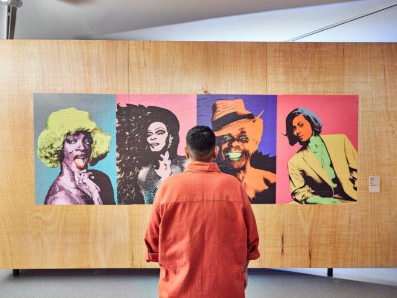 imagem mostra um homem observando exposição de quadros no Museu da Diversidade Sexual