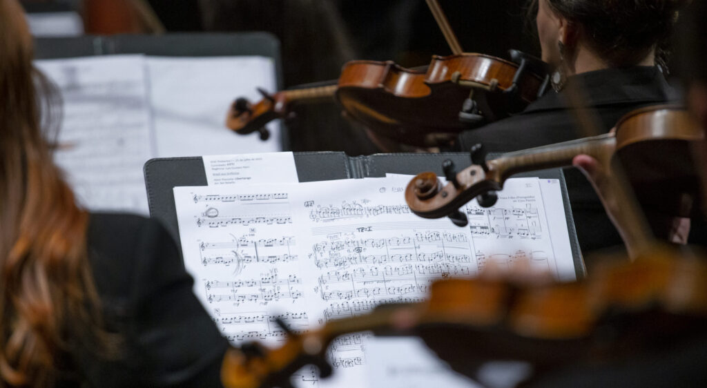 imagem mostra partitura e instrumentos musicais
