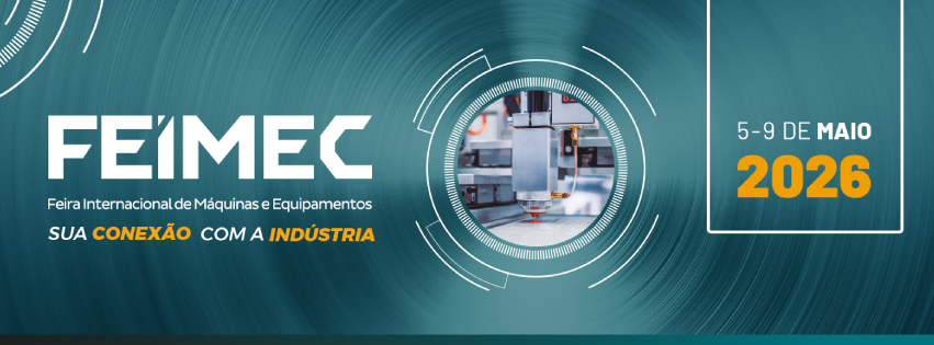 Banner em fundo verde com o nome FEIMEC, imagem de uma máquina industrial no centro e a data “5 a 9 de maio de 2026” à direita.
