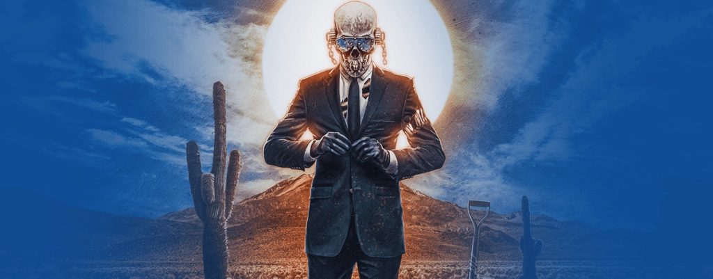 Arte promocional da banda Megadeth com figura humanoide de caveira vestindo terno em cenário desértico, com sol ao fundo.