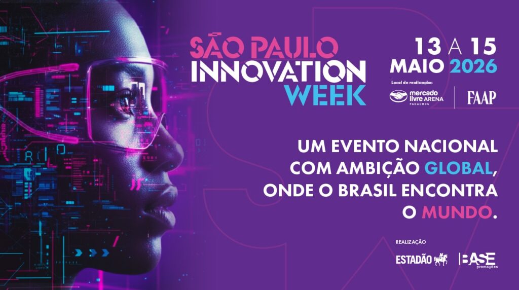 Banner promocional do “São Paulo Innovation Week 2026”. À esquerda, o rosto de uma pessoa usando óculos com reflexos digitais em tons neon (rosa e azul), sugerindo tecnologia e inovação. À direita, texto com as informações do evento: “13 a 15 maio 2026”, local “Mercado Livre Arena Pacaembu” e “FAAP”. Slogan: “Um evento nacional com ambição global, onde o Brasil encontra o mundo.” Logos de realização: Estadão e Base Promoções.