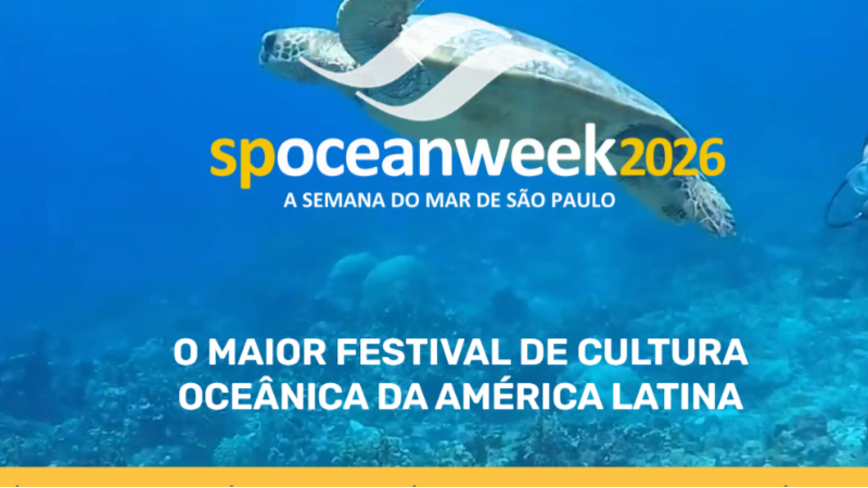 Arte promocional da SP Ocean Week 2026 mostra tartaruga marinha nadando no oceano azul com o texto “O maior festival de cultura oceânica da América Latina”.