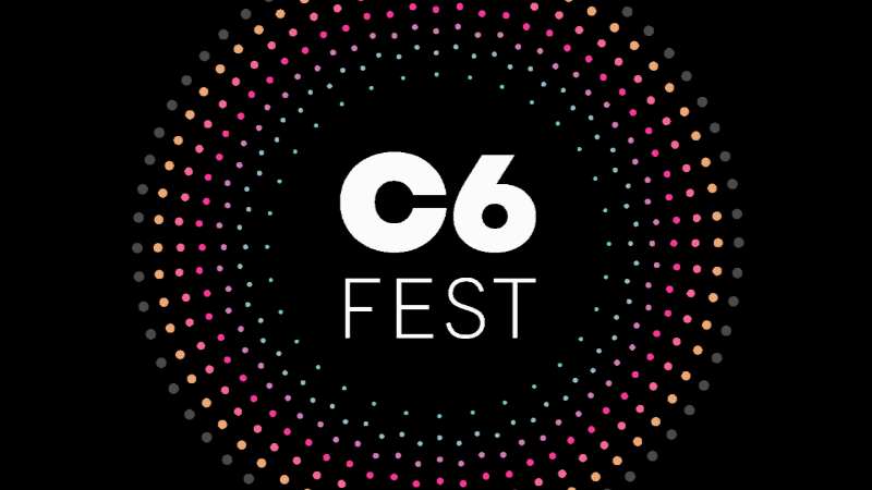 Arte gráfica do C6 Fest 2026 apresenta o nome do festival em destaque sobre fundo preto, cercado por círculo formado por pontos coloridos.