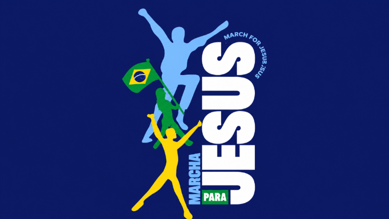 Arte da Marcha para Jesus 2026 mostra silhuetas de pessoas celebrando e segurando bandeira do Brasil sobre fundo azul escuro, com destaque para o nome “Jesus” em composição vertical.