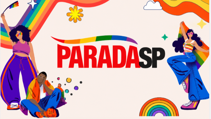 Ilustração colorida da ParadaSP com elementos da bandeira arco-íris, personagens em clima de celebração e o logo “ParadaSP” ao centro.