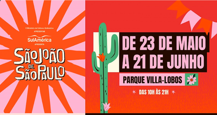 Cartaz do São João de São Paulo no Parque Villa-Lobos durante as festas juninas em São Paulo.