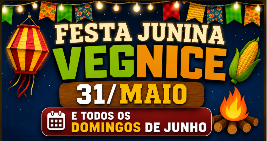 Cartaz da Festa Junina Vegnice durante a temporada de festas juninas em São Paulo.