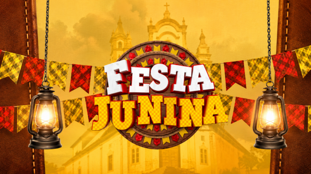 Cartaz de festa junina com bandeirinhas e lanternas durante a temporada de festas juninas em São Paulo