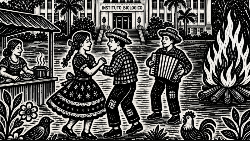 Ilustração de quadrilha junina no Instituto Biológico durante as festas juninas em São Paulo