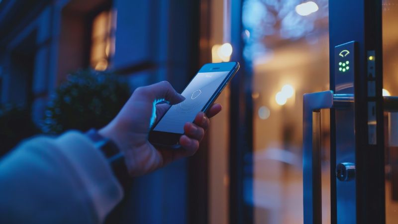 Pessoa utiliza smartphone para acessar sistema de entrada inteligente com controle digital em porta eletrônica iluminada.