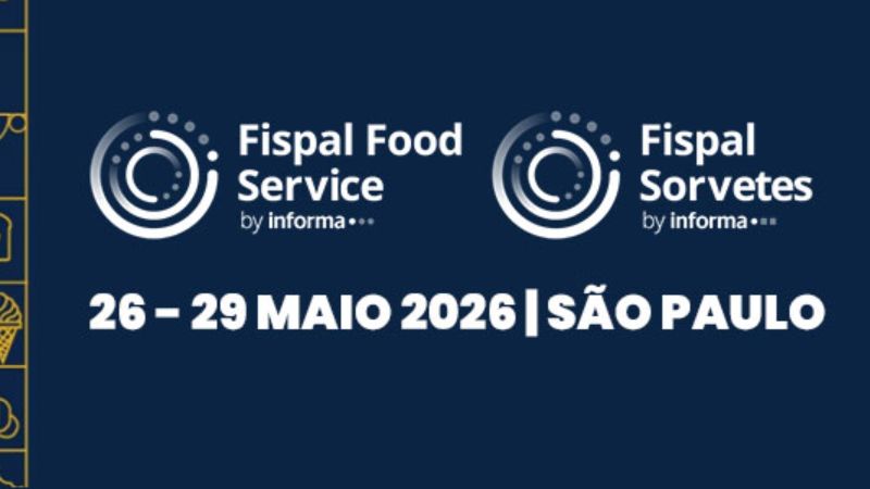 Arte promocional da Fispal Food Service e Fispal Sorvetes 2026 destaca os logotipos dos eventos sobre fundo azul escuro, com informações das datas de realização em São Paulo. Elementos gráficos laterais remetem ao universo da alimentação e sorvetes.