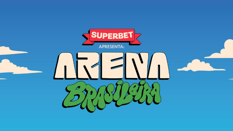 Arte promocional com fundo azul e nuvens estilizadas anunciando a Arena Brasileira. No centro da imagem aparecem os dizeres “Superbet apresenta: Arena Brasileira” em destaque, com tipografia inspirada em quadrinhos e cores que remetem ao Brasil.
