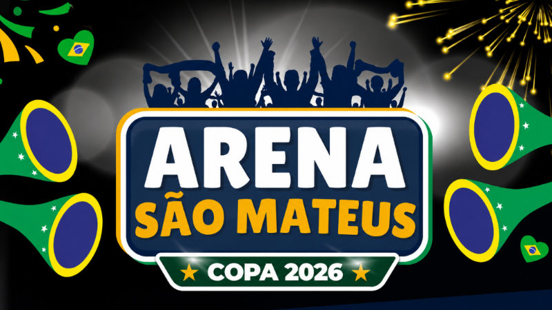 Arte promocional da Arena São Mateus para a Copa do Mundo 2026, com elementos nas cores do Brasil, silhuetas de torcedores comemorando e identidade visual do evento realizado na Zona Leste de São Paulo.