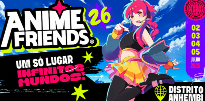 Arte promocional do Anime Friends 2026. A imagem apresenta uma personagem em estilo anime com cabelos rosa e azul sobre fundo de céu azul com nuvens. À esquerda, aparece o logotipo do evento e o slogan "Um só lugar, infinitos mundos!". À direita, estão as datas de realização, de 2 a 5 de julho de 2026, e a indicação do local: Distrito Anhembi, em São Paulo.