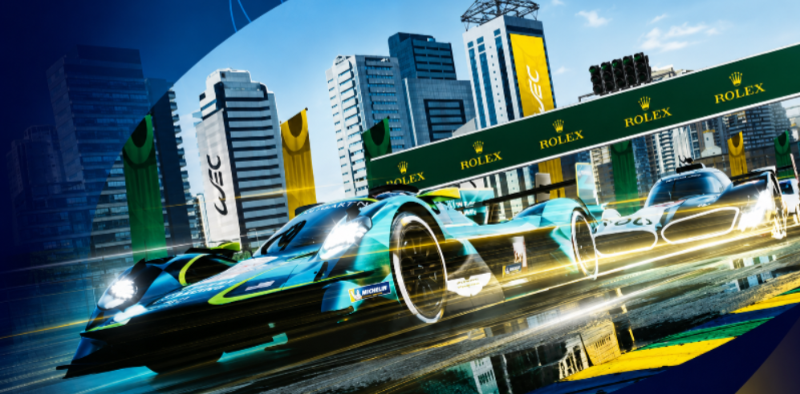 Arte promocional da Rolex 6 Horas de São Paulo 2026. A imagem mostra dois protótipos de corrida de endurance em alta velocidade em uma pista molhada, com reflexos no asfalto. Ao fundo aparecem edifícios modernos e estruturas com a marca Rolex, remetendo ao ambiente de competição automobilística internacional.