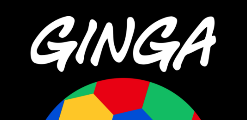 Arte gráfica da exposição "Ginga – A celebração do Futebol na Arte Afro-Atlântica". A imagem apresenta o título da mostra sobre fundo preto e uma bola de futebol colorida inspirada nas cores presentes em diferentes culturas e territórios afro-atlânticos.