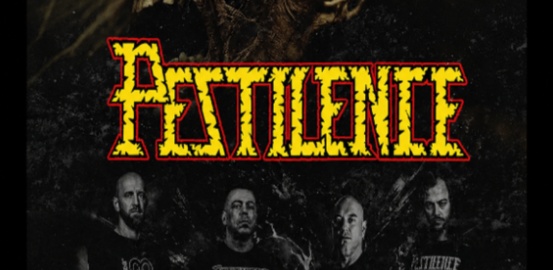 Arte promocional da banda holandesa de death metal Pestilence. Na parte superior, uma figura cadavérica em tons escuros ocupa quase toda a composição. Ao centro, o logotipo da banda aparece em destaque nas cores amarela e vermelha. Na parte inferior, os quatro integrantes da banda posam lado a lado, vestidos de preto, sobre um fundo escuro com textura envelhecida.
