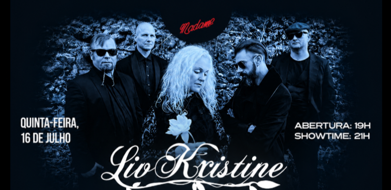Arte promocional do show da banda Liv Kristine. A imagem apresenta cinco integrantes vestidos de preto diante de um muro de pedras, em tons azulados. Ao centro, a cantora Liv Kristine aparece com cabelos longos e claros, segurando uma flor branca. O nome da artista está em destaque na parte inferior, acompanhado da inscrição "Amor Vincit Omnia Over". Nas laterais, aparecem as informações do evento: quinta-feira, 16 de julho, abertura às 19h e início do show às 21h. Na parte superior, está o logotipo do Madame.