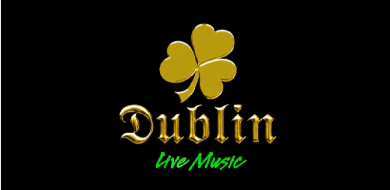 Logotipo do Dublin Live Music sobre fundo preto. A marca apresenta um trevo dourado de quatro folhas acima da palavra "Dublin" em tipografia dourada com efeito metálico, seguida da expressão "Live Music" em verde.