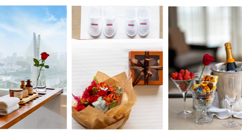 Montagem com diferentes elementos da experiência romântica do Grand Hyatt São Paulo. As imagens mostram vista para a cidade, flores, chocolates, amenities personalizados, espumante e seleção de frutas servidos em ambiente sofisticado, compondo uma proposta voltada a casais em ocasiões especiais.