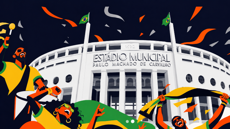 Ilustração colorida do Estádio Municipal Paulo Machado de Carvalho (Pacaembu) durante uma celebração de futebol. Torcedores vestindo as cores do Brasil aparecem cantando, tocando instrumentos e levantando bandeiras e cachecóis. Confetes nas cores verde, amarelo, laranja e branco se espalham pelo céu escuro, transmitindo clima de festa e torcida durante a Copa do Mundo 2026 em São Paulo.