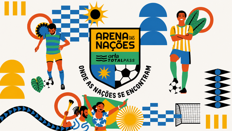 Banner da Arena das Nações, experiência da Copa do Mundo 2026 em São Paulo, com ilustrações de torcedores, jogadores de futebol e elementos visuais inspirados em diferentes países. O espaço reúne transmissões dos jogos e atrações temáticas durante o torneio.