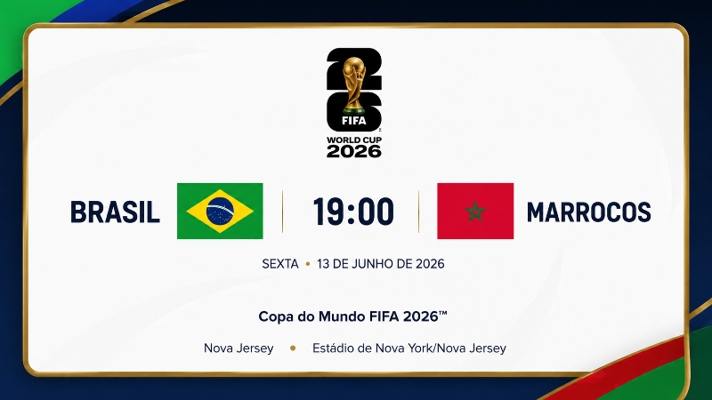Card informativo da partida entre Brasil e Marrocos pela Copa do Mundo FIFA 2026. A arte apresenta as bandeiras das duas seleções, o horário do jogo (19h), a data de 13 de junho de 2026 e a indicação do Estádio de Nova York/Nova Jersey, nos Estados Unidos. O logotipo da Copa do Mundo FIFA 2026 aparece na parte superior. A imagem integra o guia Onde assistir à Copa do Mundo 2026 em São Paulo.