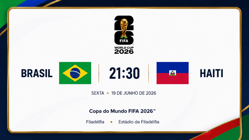 Arte informativa da Copa do Mundo FIFA 2026 para a partida entre Brasil e Haiti. Em um card com moldura dourada e elementos gráficos nas cores azul, verde e vermelho, aparecem as bandeiras das duas seleções, o horário do jogo (21h30), a data de 19 de junho de 2026 e a indicação do Estádio da Filadélfia, nos Estados Unidos. O logotipo da Copa do Mundo FIFA 2026 está centralizado na parte superior. A imagem integra o guia Onde assistir à Copa do Mundo 2026 em São Paulo.